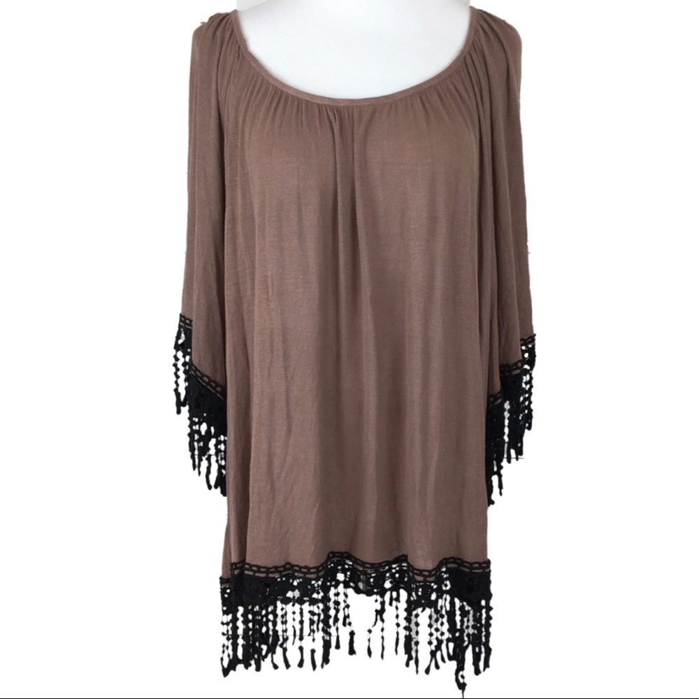 Boutique L Fringe Crochet Tunic Oversized Top